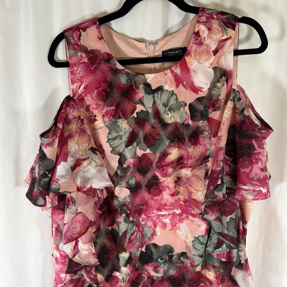 Tahari Arthur S Levine Dress Women's 12 Pink Floral Knee Length Zip Back Light - Picture 2 of 10